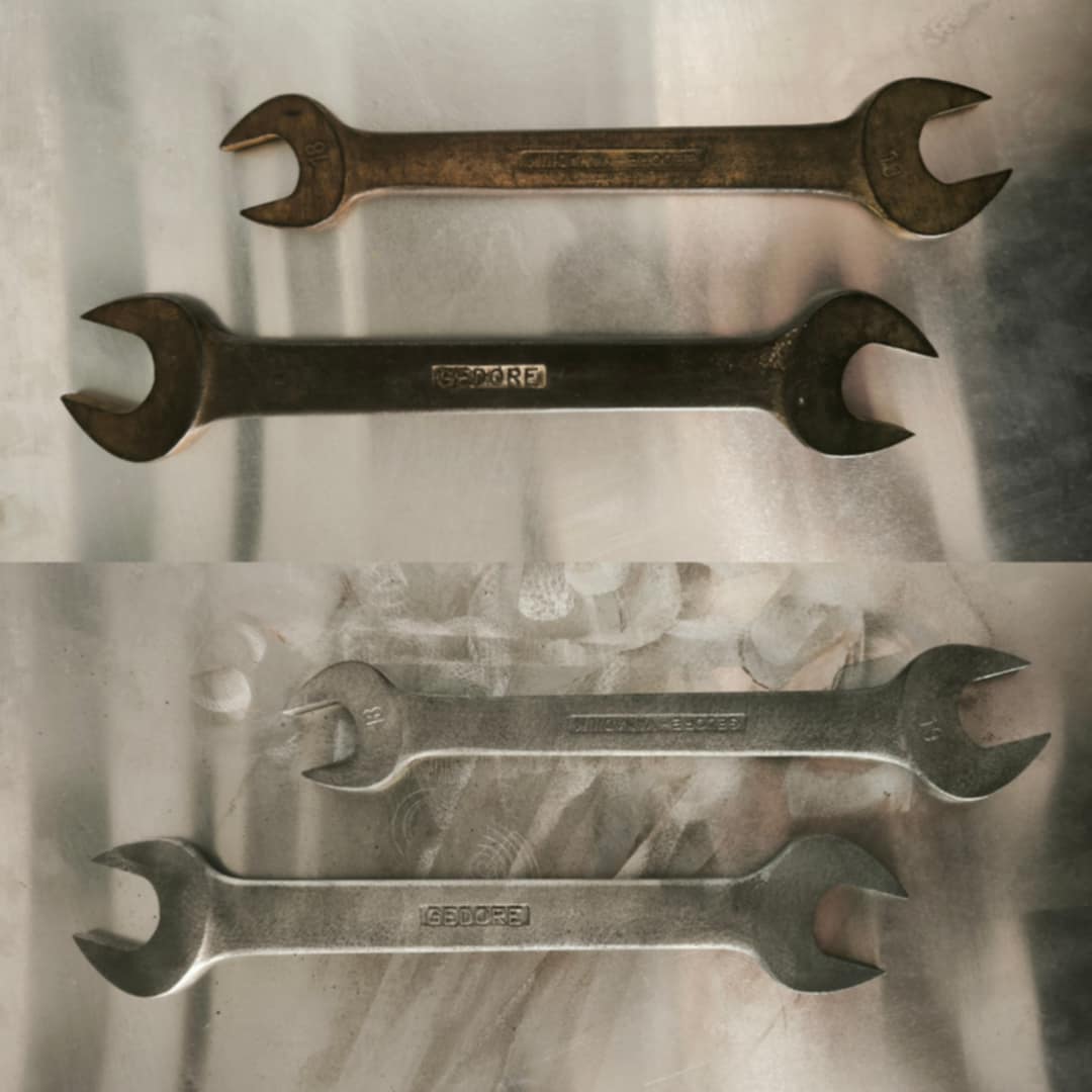 before and after photo cleaning a rusty wrench
