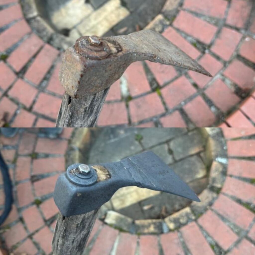 Before and after cleaning of a rusty garden hoe
