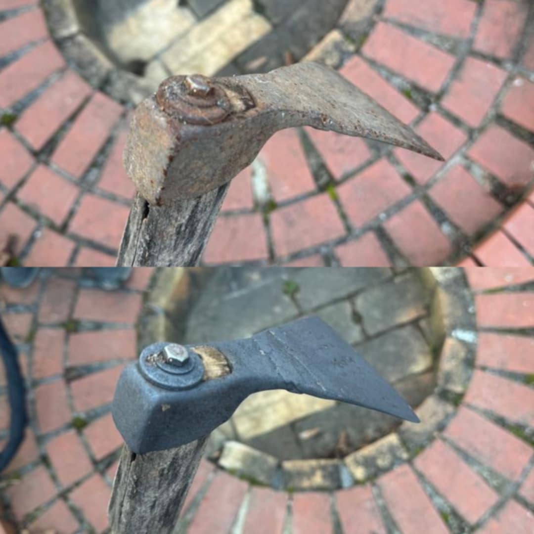 Before and after cleaning of a rusty garden hoe