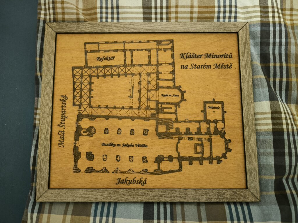 engraved map of a historical monastery on wood
