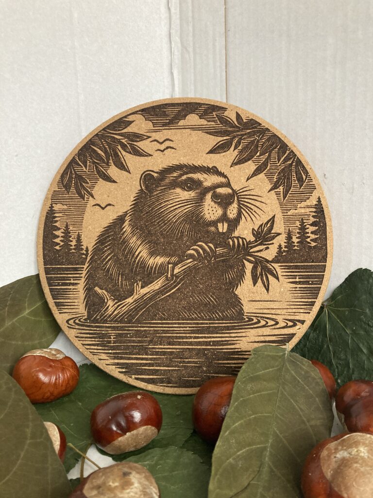 cork coaster with engraved beaver image
