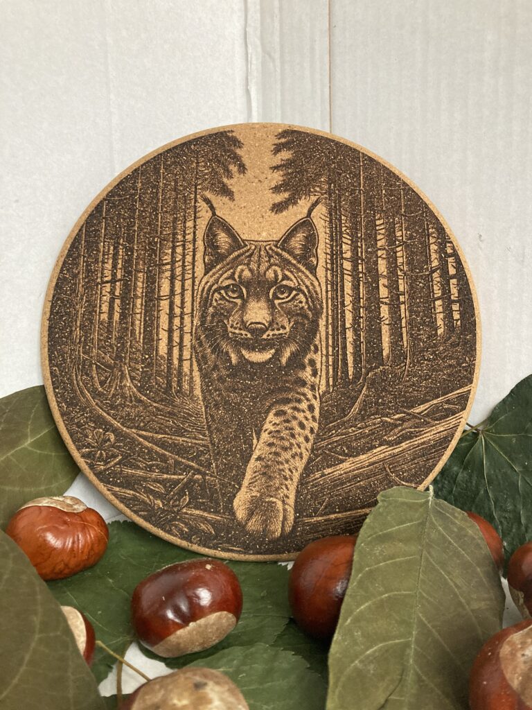 engraved cork coaster with a lynx walkint through forest